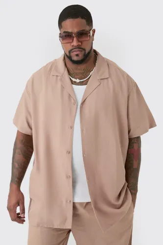 Men's Plus Linen Drop Revere Shirt In Taupe - Beige - Xxxl, Beige