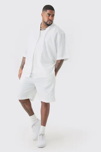 Men's Plus Linen Drop Revere Shirt & Short Set In White - Xxxl, White