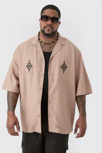 Men's Plus Linen Embroidered Drop Revere Shirt In Taupe - Beige - Xxxl, Beige