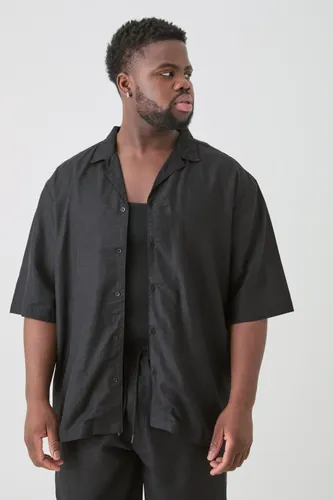 Mens Plus Linen Oversized Revere Shirt In Black, Black