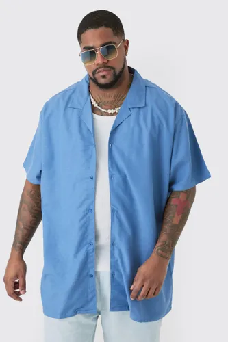 Men's Plus Linen Oversized Revere Shirt In Blue - Xxxl, Blue