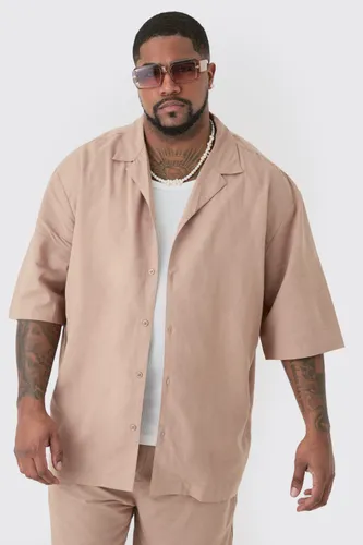 Men's Plus Linen Oversized Revere Shirt In Taupe - Beige - Xxxl, Beige