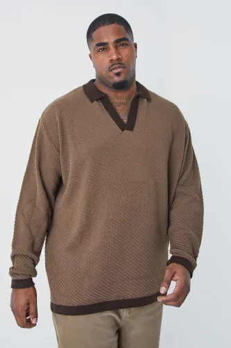 Men's Plus Long Sleeved Oversized Contrast Collar Knitted Polo - Beige - Xxxl, Beige