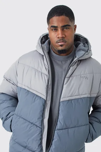 Men's Plus Man Colour Block Quilted Puffer With Hood - Grey - Xxxl, Grey