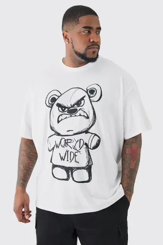 Mens Plus Oversized Evil Teddy T-shirt In White, White