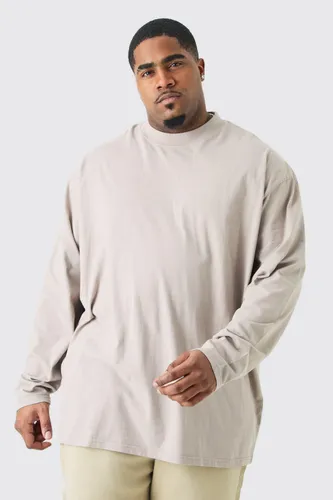Men's Plus Oversized Extended Neck Acid Wash Long Sleeve T-Shirt - Beige - Xxxl, Beige