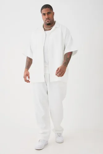 Men's Plus Oversized Short Sleeve Pleated Shirt & Straight Trouser - White - Xxxl, White