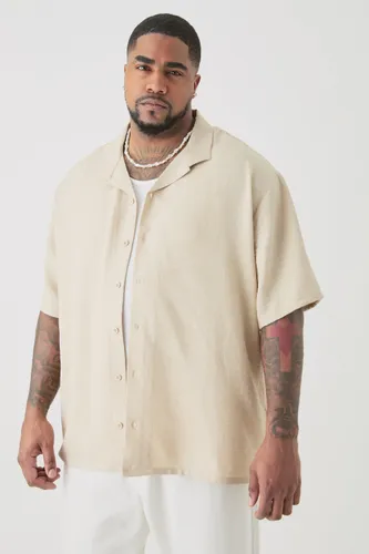 Men's Plus Short Sleeve Drop Revere Linen Shirt In Natural - Beige - Xxxl, Beige