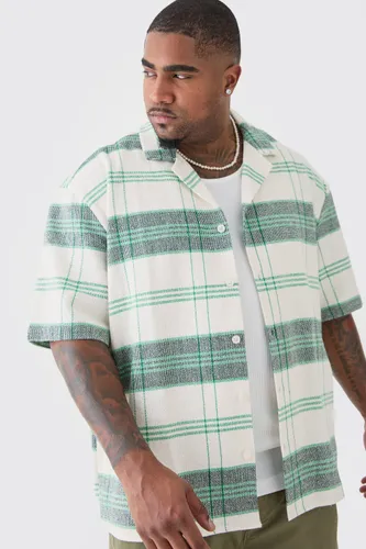 Men's Plus Short Sleeve Drop Revere Textured Check Shirt In Stone - Beige - Xxl, Beige