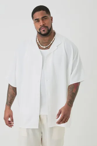 Mens Plus Short Sleeve Oversized Linen Shirt In White, White