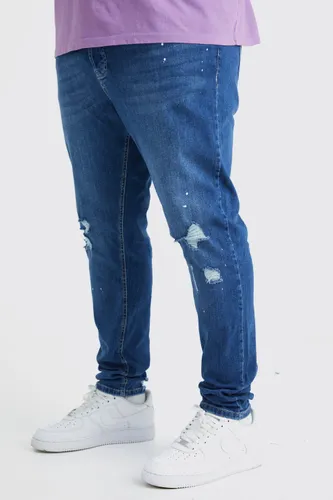Men's Plus Skinny Stretch Ripped Knee Paint Splatter Jean - Blue - 42, Blue