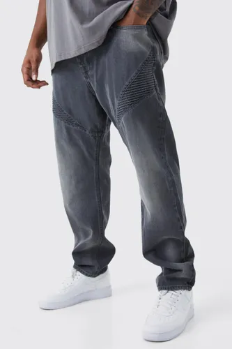 Men's Plus Slim Rigid Biker Panelled Jeans - Grey - 40, Grey