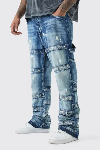 Men's Plus Slim Rigid Flare Embellished Strap Detail Jeans - Blue - 38, Blue