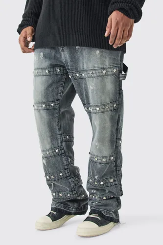 Men's Plus Slim Rigid Flare Embellished Strap Detail Jeans - Grey - 38, Grey