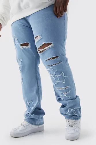 Men's Plus Slim Rigid Flare Star Applique Jeans - Blue - 38, Blue