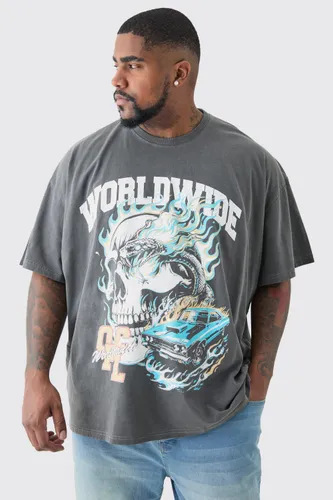 Men's Plus Worldwide Gothic T-Shirt In Acid Wash - Grey - Xxxl, Grey
