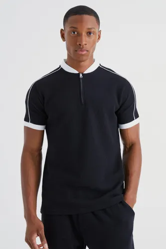 Men's Popcorn Texture Bomber Neck Polo With Piping - Black - S, Black