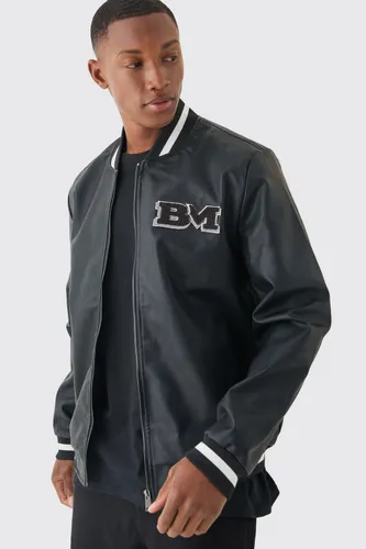 Men's Pu Badge Varsity Jacket - Black - S, Black