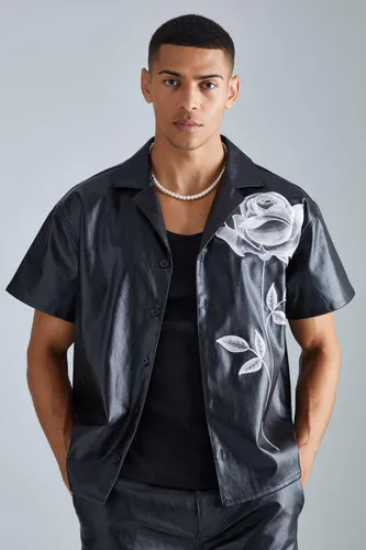 Men's Pu Short Sleeve Boxy Embroidered Shirt - Black - S, Black