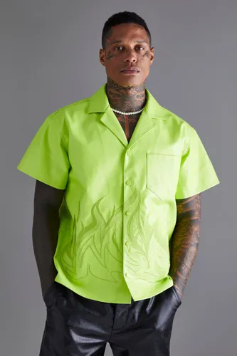Men's Pu Short Sleeve Revere Boxy Applique Flame Shirt - Green - L, Green