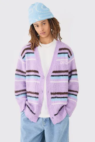 Mens Purple Boxy Fluffy Striped Knitted Cardigan In Lilac, Purple
