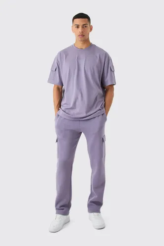 Mens Purple Man Roman Oversized Cargo T-shirt And Jogger Set, Purple