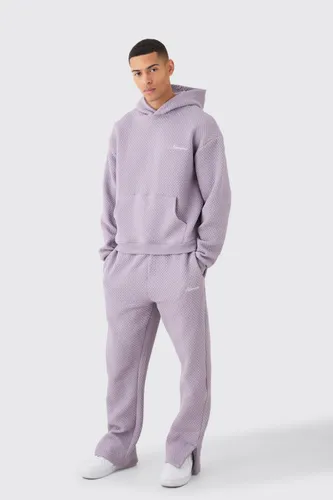 Mens Purple Oversized Boxy Jacquard Quilted Embroided Hooded Tracksuit, Purple