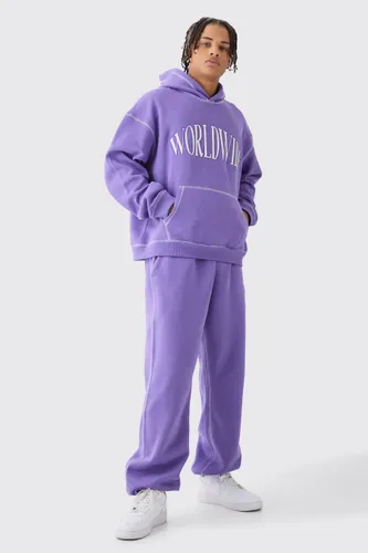 Mens Purple Oversized Boxy Worldwide Contrast Stitch Hooded Tracksuit, Purple