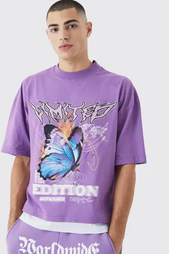 Mens Purple Oversized Butterfly Graphic Faux Layer T-shirt, Purple