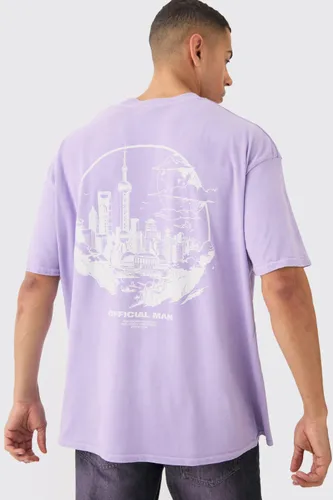 Mens Purple Oversized City Back Print Stencil Wash T-shirt, Purple