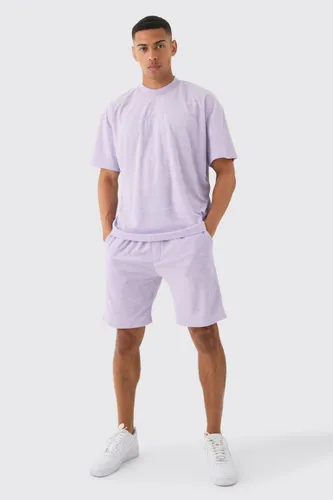 Mens Purple Oversized Extended Neck Towelling Homme T-shirt & Shorts Set, Purple