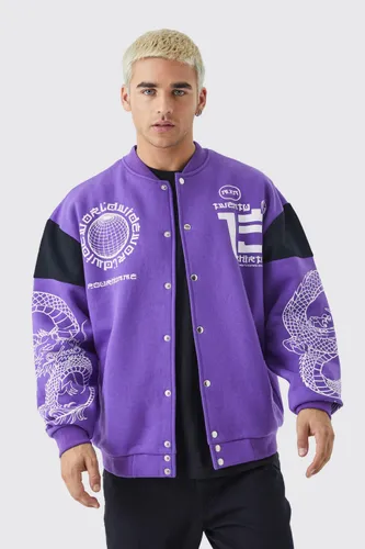 Mens Purple Oversized Jersey Bomber With Foil Print, Purple