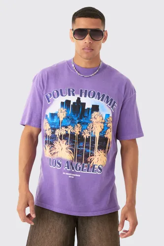Mens Purple Oversized Los Angeles Landscape Print Wash T-shirt, Purple