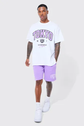 Mens Purple Oversized Overdyed Tokyo Varsity T-shirt Set, Purple