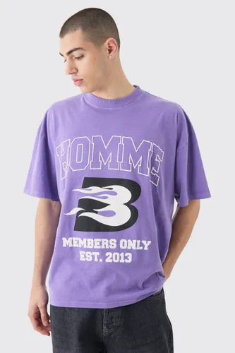 Mens Purple Oversized Washed Homme Moto Print T-shirt, Purple