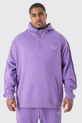 Mens Purple Plus EDITION Oversized Heavyweight 1/4 Zip Pintuck Hoodie, Purple