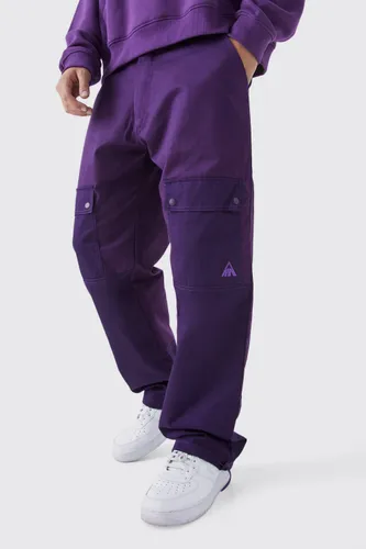 Mens Purple Relaxed Fit Colour Block Tonal Branded Cargo Trouser, Purple