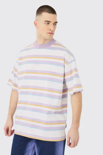 Mens Purple Tall Oversized Carded Heavy Striped Ofcl T-shirt, Purple