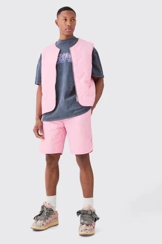 Men's Quilted Liner Gilet And Short Set - Pink - L, Pink