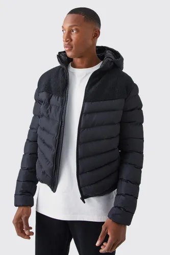 Men's Quilted Puffer With Contrast Borg - Black - S, Black