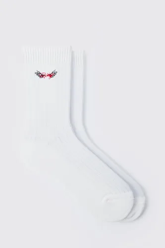 Men's Racing Embroidered Sports Socks - White - One Size, White