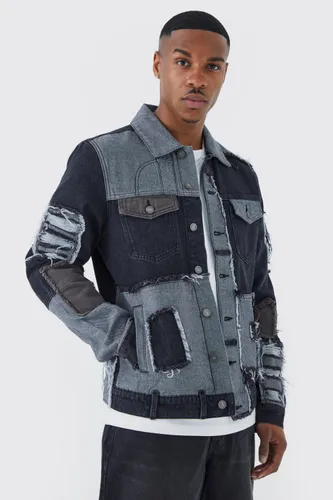 Men's Re-Purposed Patchwork Denim Jacket - Black - L, Black