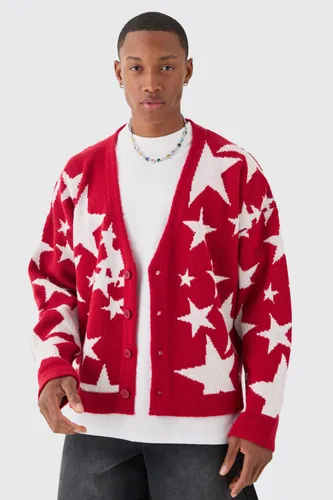 Mens Red Boxy Oversized Brushed Star All Over Cardigan, Red