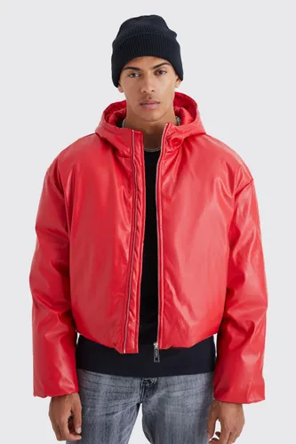 Mens Red Boxy Pu Padded Hooded Puffer, Red