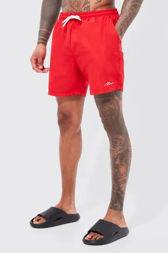 Mens Red Man Signature Mid Length Swim Shorts, Red