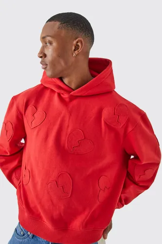 Mens Red Oversized Boxy All Over Heart Applique Hoodie, Red