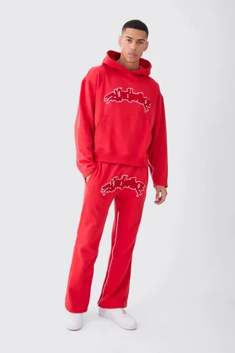 Mens Red Oversized Boxy Applique Zip Gusset Tracksuit, Red