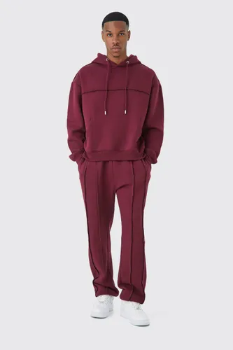 Mens Red Oversized Boxy Seam Detail Hooded Tracksuit, Red