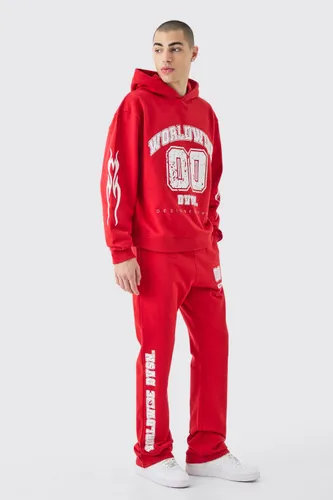 Mens Red Oversized Boxy Worldwide Varsity Hooded Tracksuit, Red
