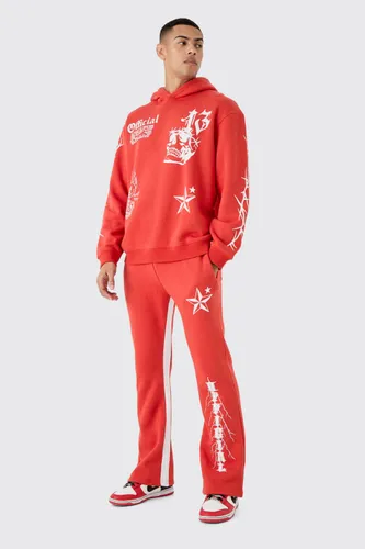 Mens Red Oversized Graffiti Hoodie Tracksuit, Red